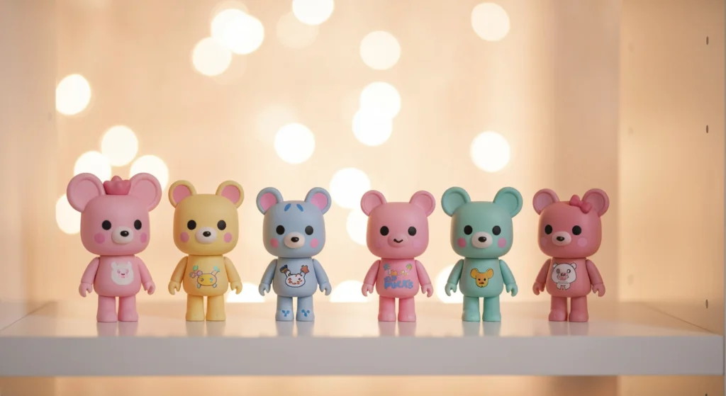數款不同系列的 POP MART PUCKY 聯名款公仔陳列在白色架上