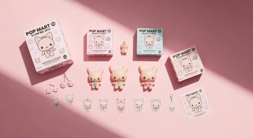 POP MART DIMOO 系列盲盒開箱，包含包裝盒、角色公仔與配件，陳列於桌面