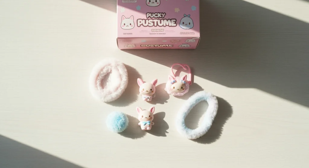 PUCKY Costume 系列盲盒開箱，桌面上有數個已拆封的可愛公仔與包裝盒