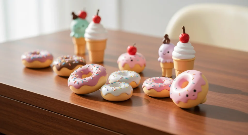 書桌上展示的KIDROBOT Yummy系列玩具收藏