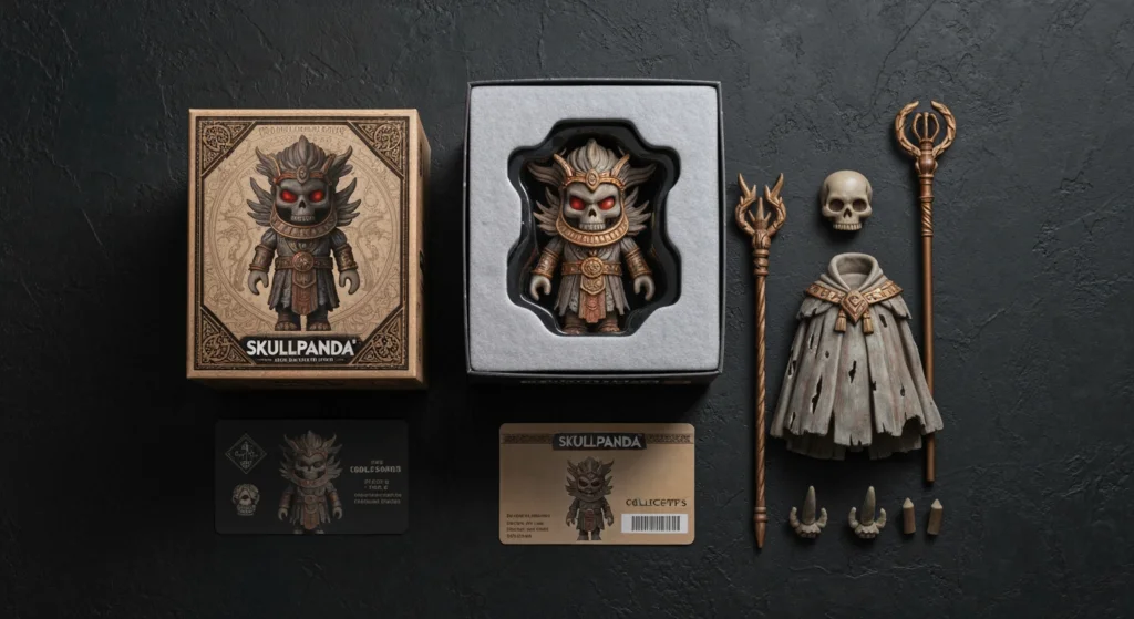 SKULLPANDA Ancient 正版與盜版比較，平放展示外盒與公仔細節