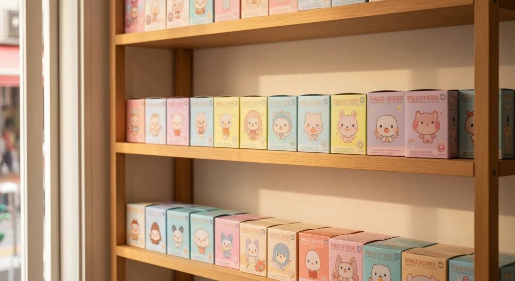 在香港旺角盲盒玩具店的展示架上，整齊排列著各種色彩柔和的盲盒