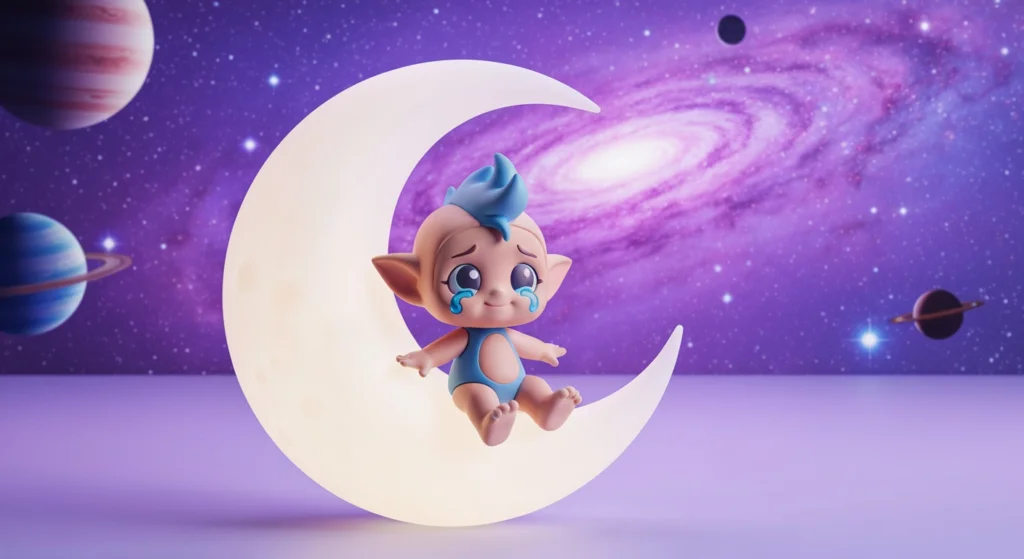 Crybaby 出走到月亮系列公仔坐在彎月上的特寫，背景是夢幻的星空