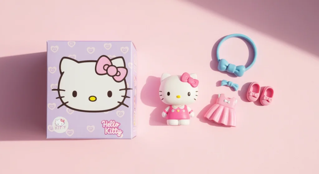 Sanrio 投資主題圖，展示 Hello Kitty 聯名潮玩與盲盒包裝