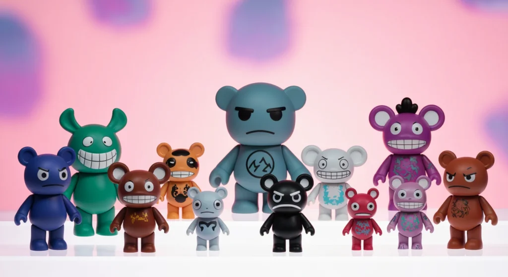 陳列在白色架上的一系列不同尺寸與設計的KIDROBOT Dunny 公仔