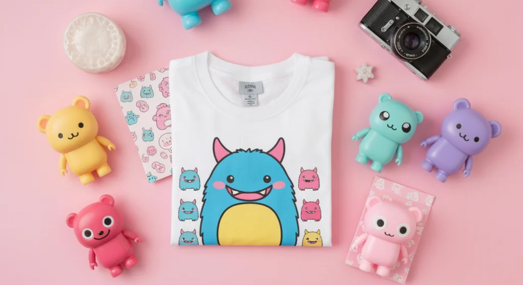 潮玩T-Shirt聯名款式的平鋪拍攝，周圍散落著可愛的設計師玩具公仔與盲盒包裝