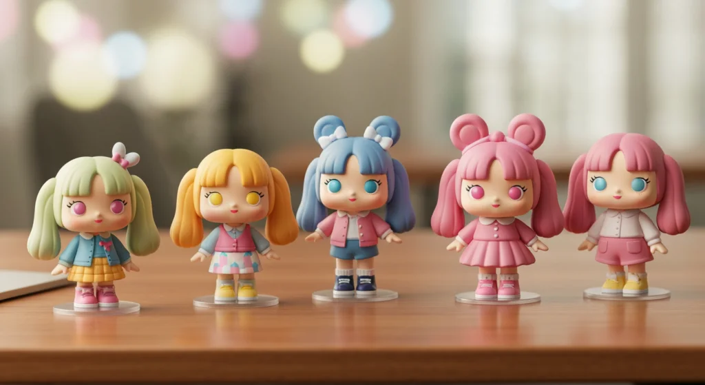 POP MART MOLLY 系列公仔在木桌上的收藏展示