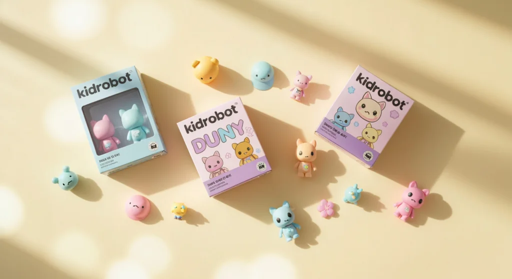 KIDROBOT Dunny 盲盒開箱俯瞰圖，展示了多個彩色 Dunny 公仔與包裝盒