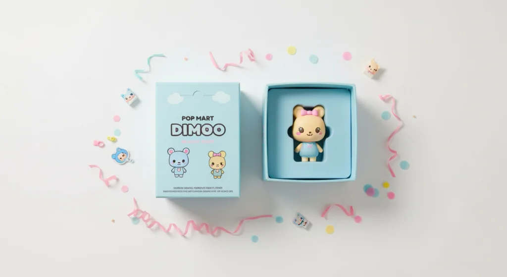 POP MART DIMOO 系列盲盒開箱，以俯瞰視角呈現，包含包裝盒與可愛公仔