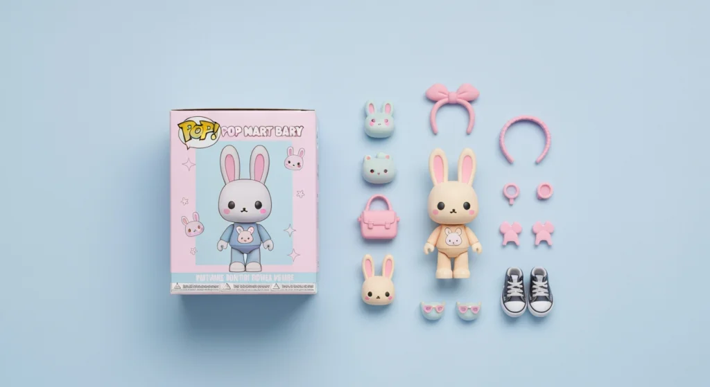 POP MART BUNNY 盲盒開箱平拍圖，展示了公仔與包裝配件
