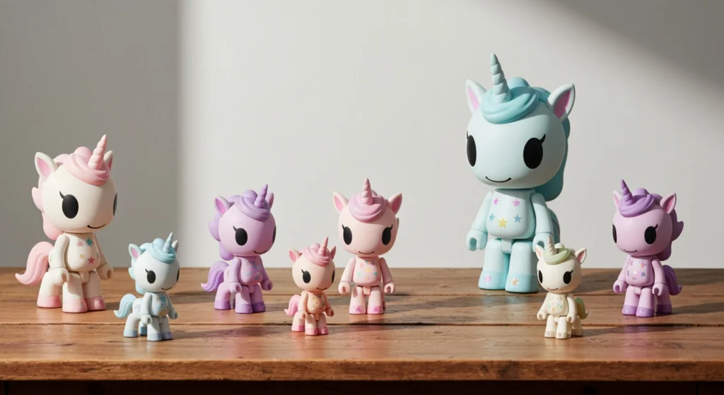 展示在木質桌面上的 Tokidoki Unicorno 獨角獸系列公仔