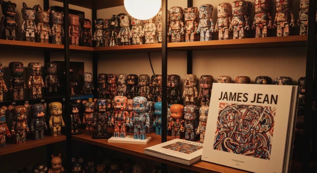 James Jean 設計的 POP MART MAZE 迷宮系列公仔與其藝術畫冊陳列在收藏櫃中