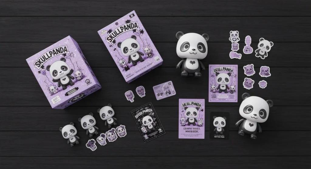 SKULLPANDA 甜酷風格最新系列公仔與盲盒包裝平放於桌面