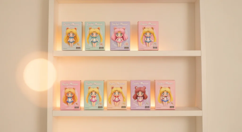 一排美少女戰士主題的盲盒公仔陳列在架上