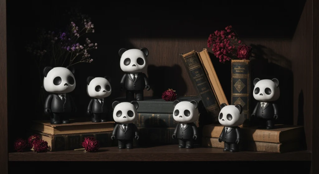 SKULLPANDA 怪味系列公仔在深色木架上的展示擺設情境
