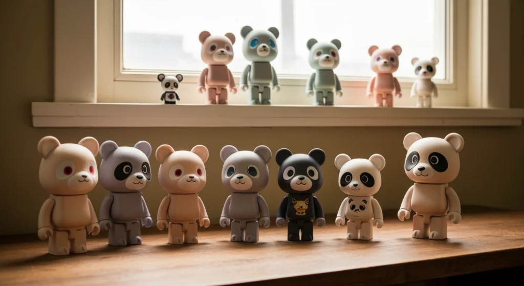 POP MART DIMOO 與 Labubu 和 Skullpanda 公仔並列於木桌上