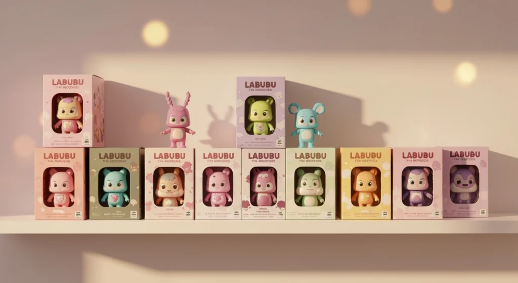 數盒彩色的 Labubu The Monsters 盲盒整齊排列在白色層架上