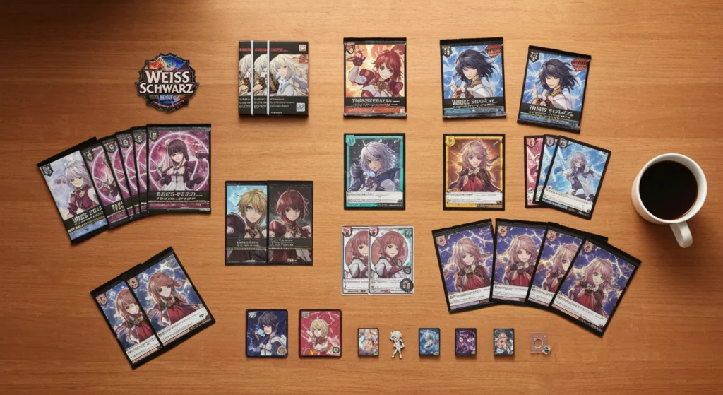 Weiss Schwarz 動漫集換式卡牌新手入門指南的示意圖，桌面上有卡牌、卡套與包裝