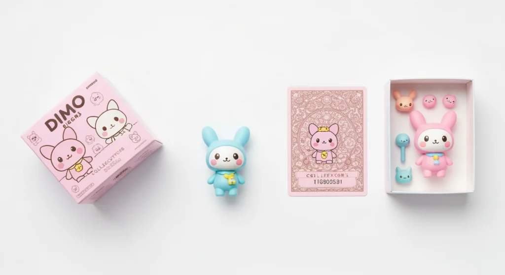 POP MART DIMOO 蝦皮排行熱門款開箱場景，包含公仔、包裝盒與卡片