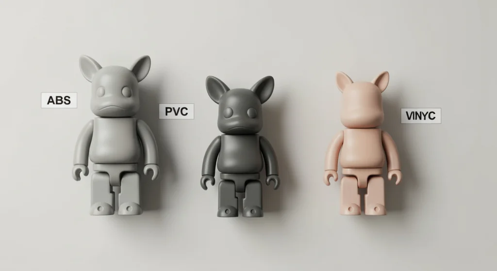 三款不同材質的 ABS 公仔、PVC 公仔與搪膠公仔並列比較，展示其表面質感的差異。