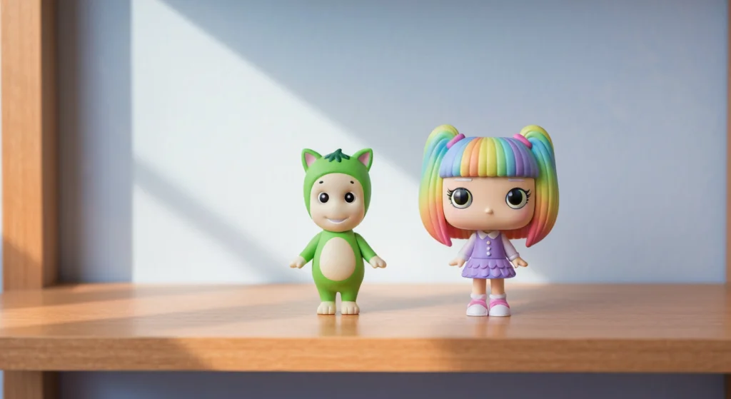 Sonny Angel Animal 系列公仔與 POP MART 盲盒公仔並排陳列的比較圖