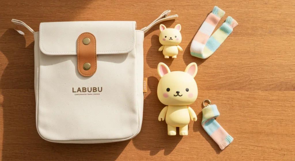 桌面平放著一個可愛的潮玩帆布袋，旁邊有一隻Labubu公仔和一些小配件
