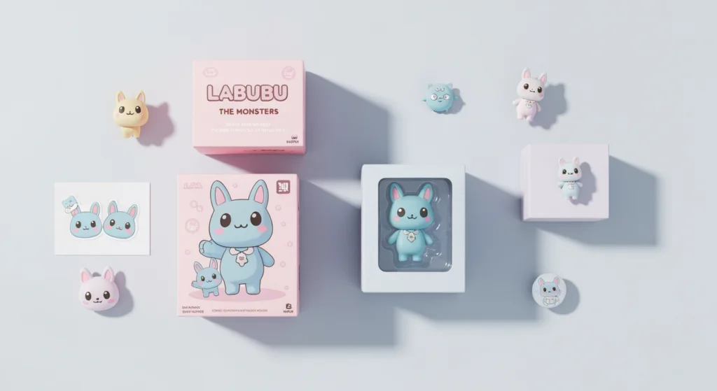 從上方俯瞰 Labubu The Monsters 盲盒開箱，旁邊放著公仔與配件，呈現比價與評價後的開箱喜悅