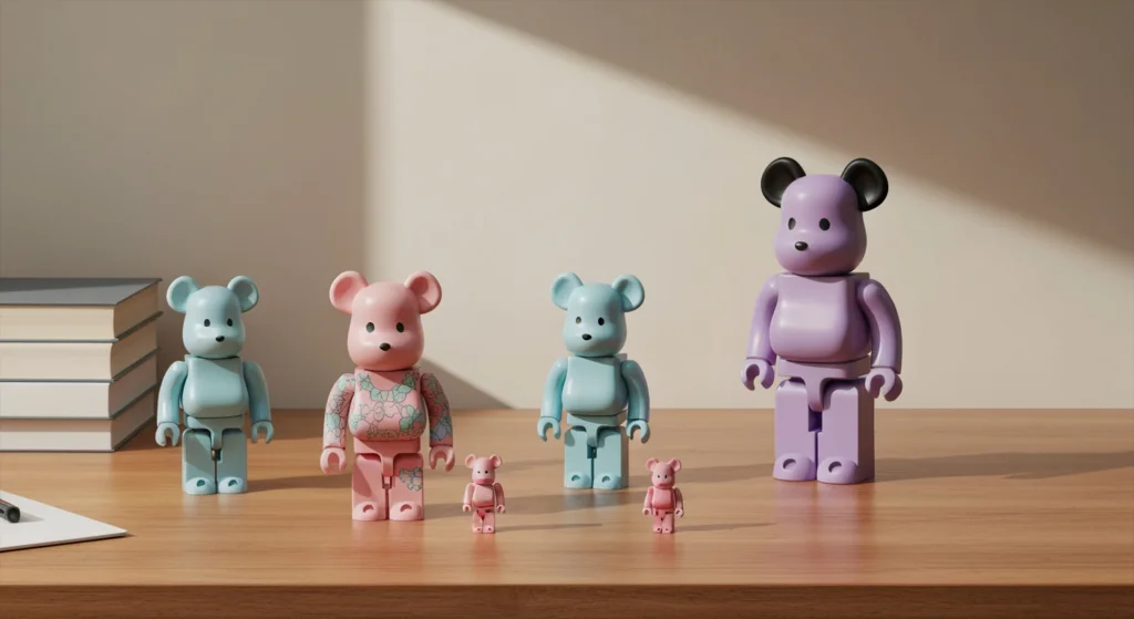 展示在木桌上的 Medicom Toy 收藏公仔，包含不同尺寸的 BE@RBRICK
