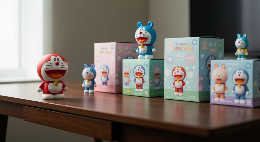 書桌上擺放的 Doraemon 哆啦A夢公仔與其他盲盒系列比較