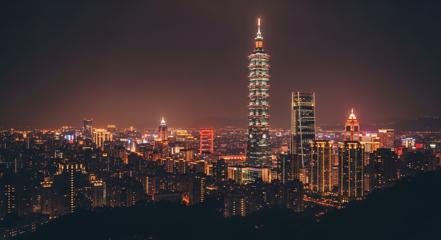Mickey 公仔在夜晚的台北市景中