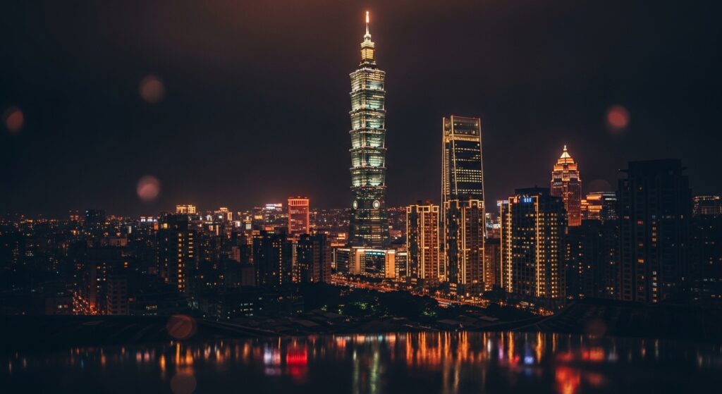 POP MART SKULLPANDA 玩具在台北夜景下的吸引力