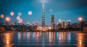 潮玩徽章在台北夜景中的呈現