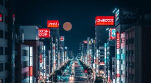 Hirono City 夜景，展示城市的活力與設計師玩具的魅力