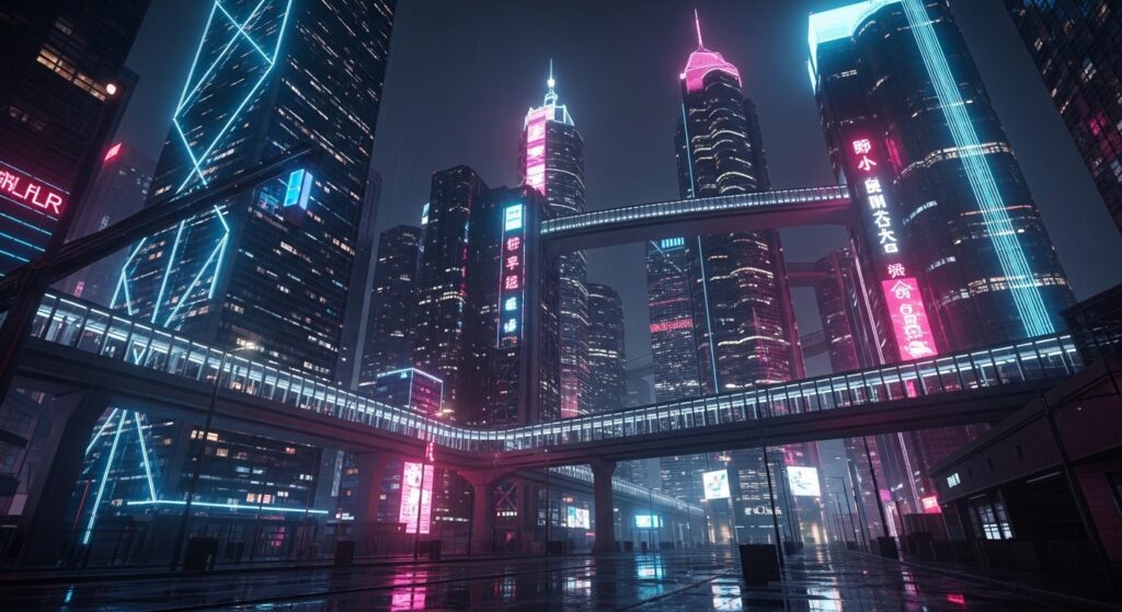 盲盒科幻 cyberpunk 風的城市風景