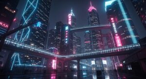 盲盒科幻 cyberpunk 風的城市風景