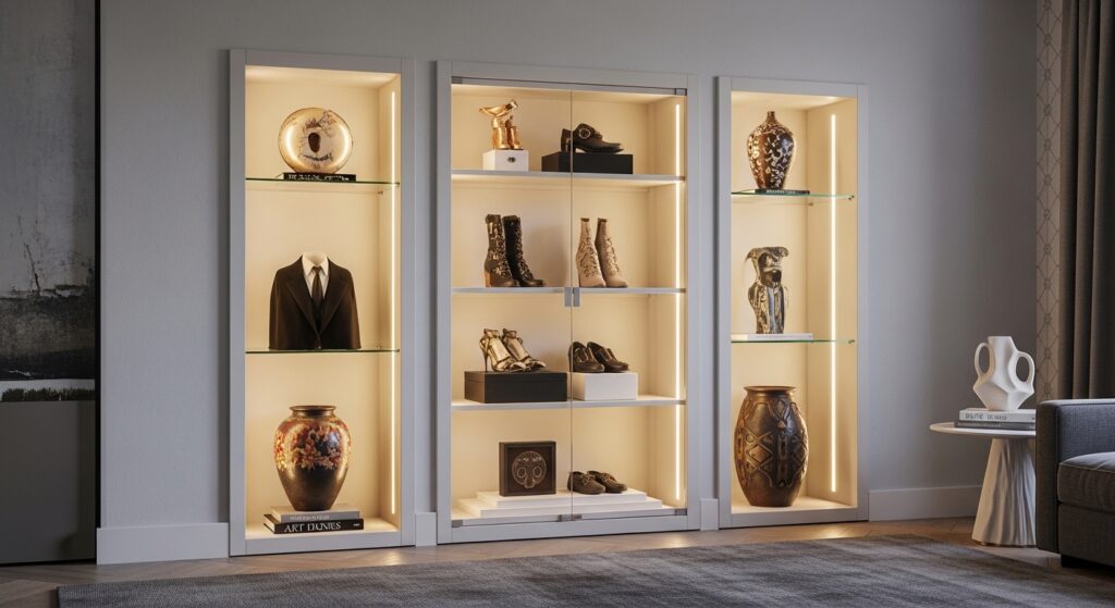 盲盒原木展示櫃，內含多款設計師玩具