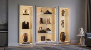 盲盒原木展示櫃，內含多款設計師玩具