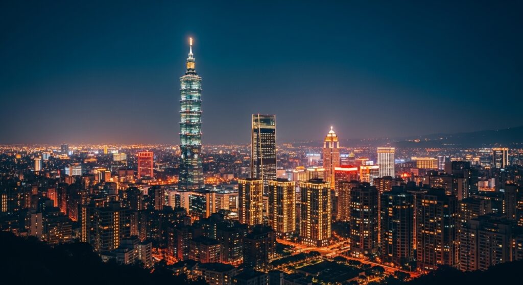 Sonny Angel Spring 系列玩具在台北夜景下的迷人景象
