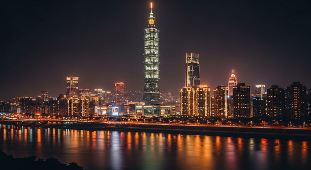 台北夜景，展示 POP MART DIMOO 系列玩具的魅力