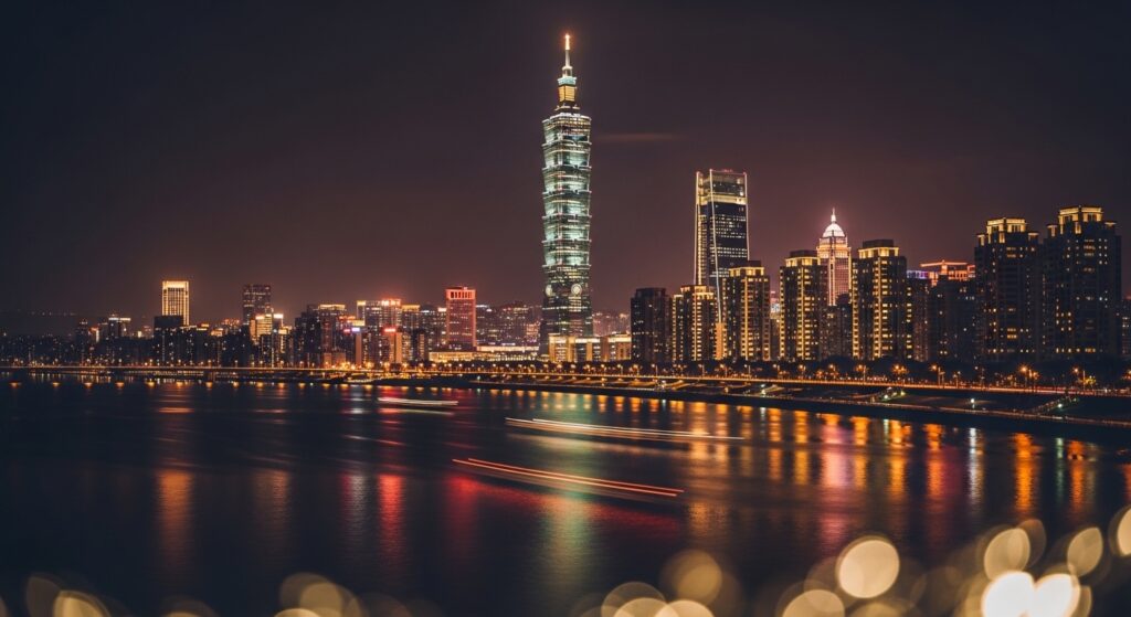 金屬公仔展示台北夜景，無人景象