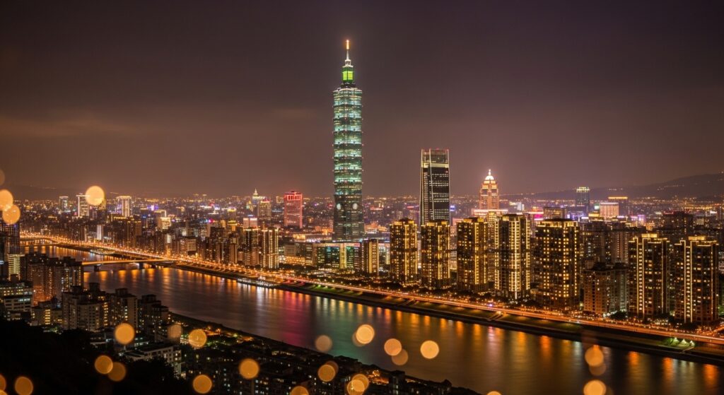 潮玩手機殼在台北的夜景中，展現獨特設計