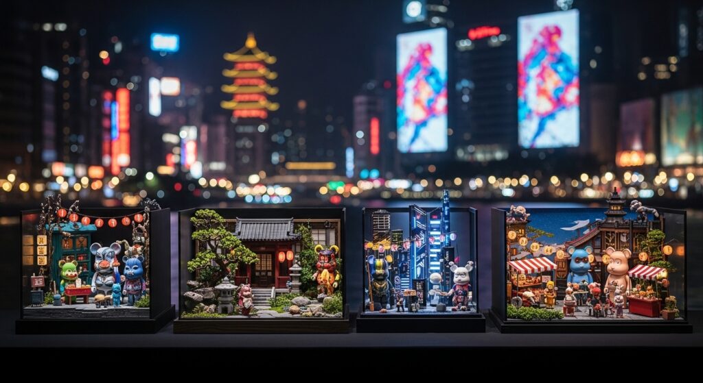 潮玩美術館夜景，展現設計師玩具的藝術深度