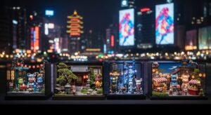 潮玩美術館夜景，展現設計師玩具的藝術深度
