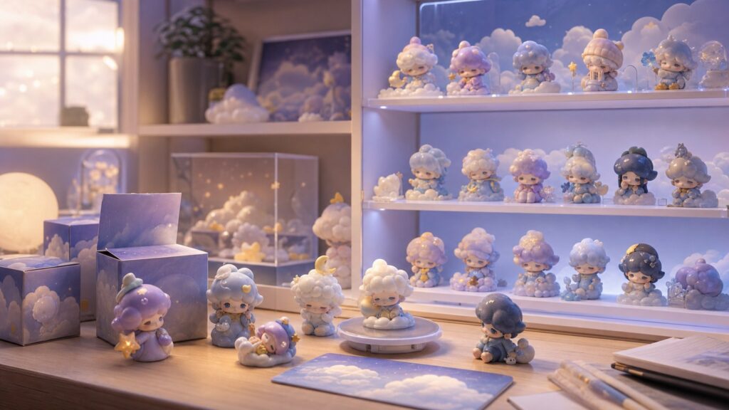 雲朵主題收藏展示櫃、收藏筆記與包裝盒的情境示意圖