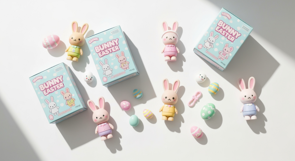 BUNNY 復活節系列盲盒開箱平拍圖，包含數個可愛的兔子公仔與復活節彩蛋配件