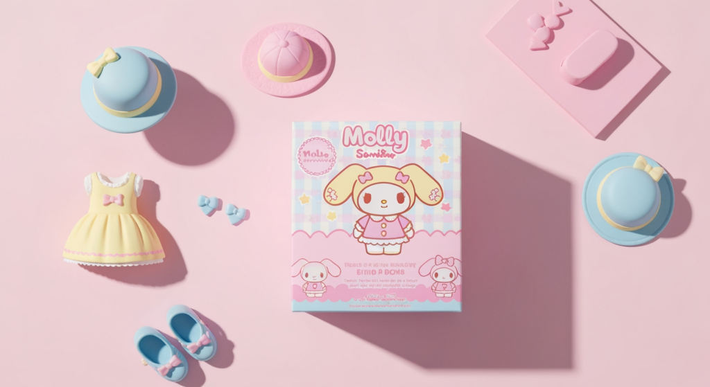 Molly 三麗鷗聯名系列盲盒開箱俯瞰圖,周圍散落著可愛配件