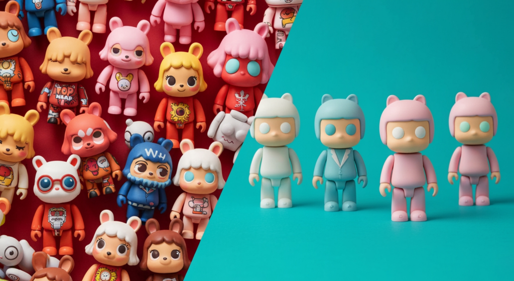 POP MART vs TOYCITY 品牌比較圖，展示兩者不同風格的設計師玩具公仔