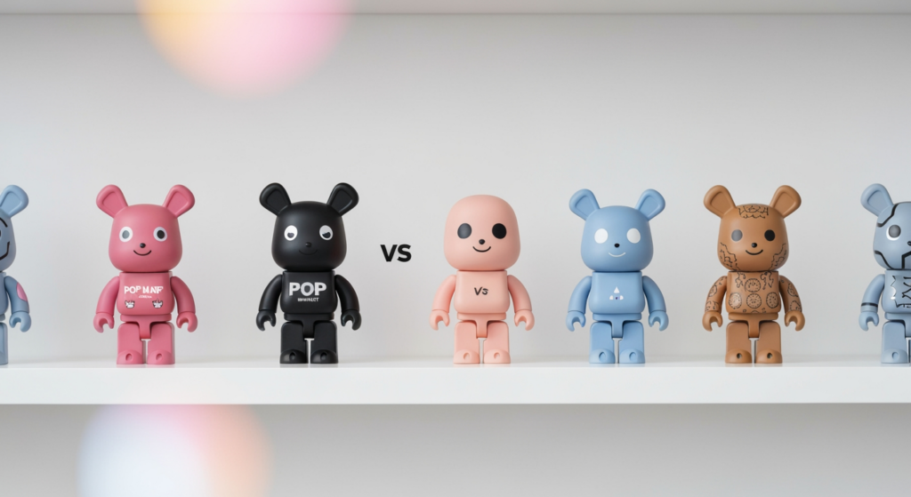 POP MART 與 KIDROBOT 盲盒公仔並排陳列於白色架上進行稀有度比較