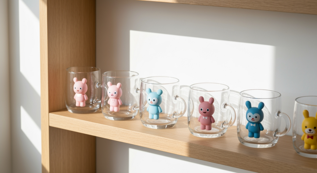 展示在木架上的一系列POP MART潮玩玻璃杯