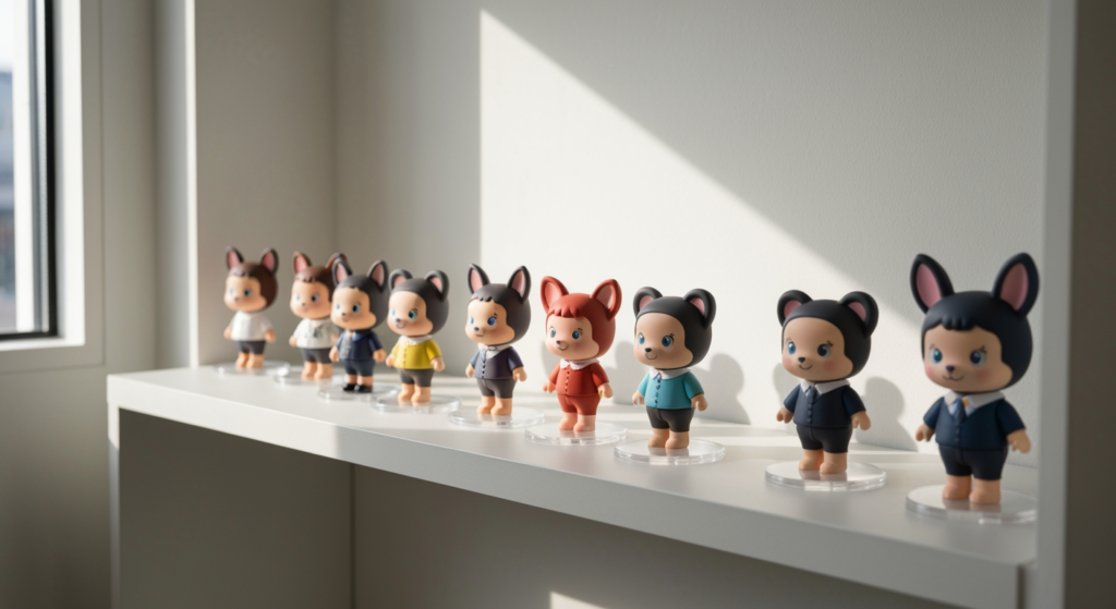 PUCKY Costume 系列公仔在白色層架上的美學展示